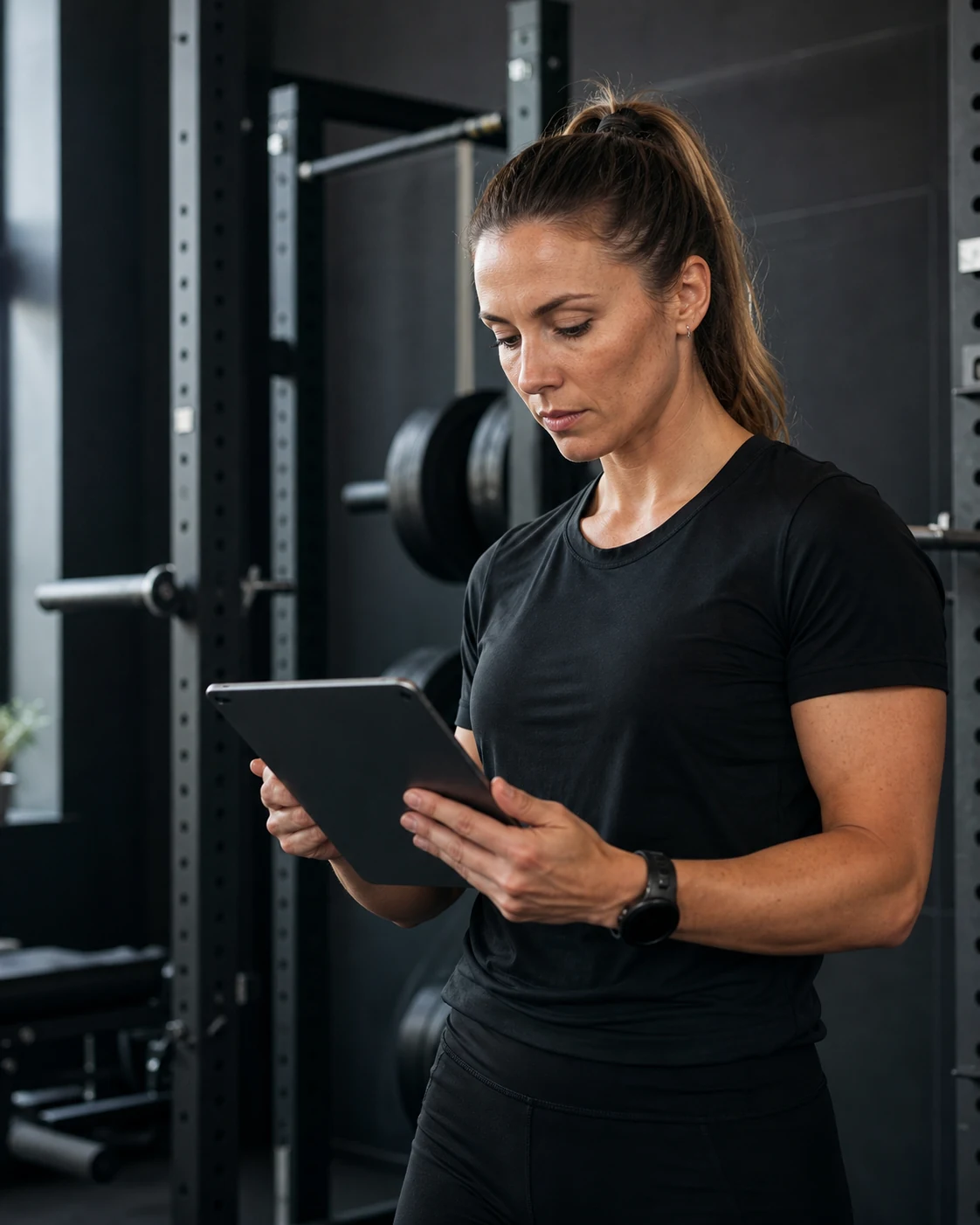 Fitness coach reviewing client performance analytics after training
